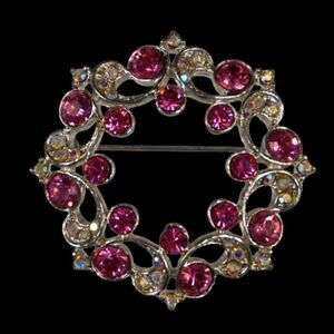 Sparkling Pink Rhinestones Brooch Silver Tone Metal 1.75 inch